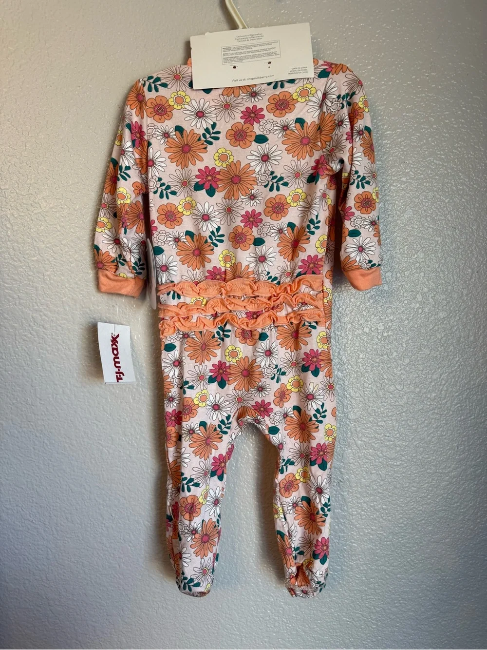 Milkberry Peach Floral Ruffle Footed One-Piece for Kids